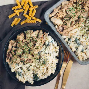 Effiloché de poulet et fusilli crème de chèvre et épinards