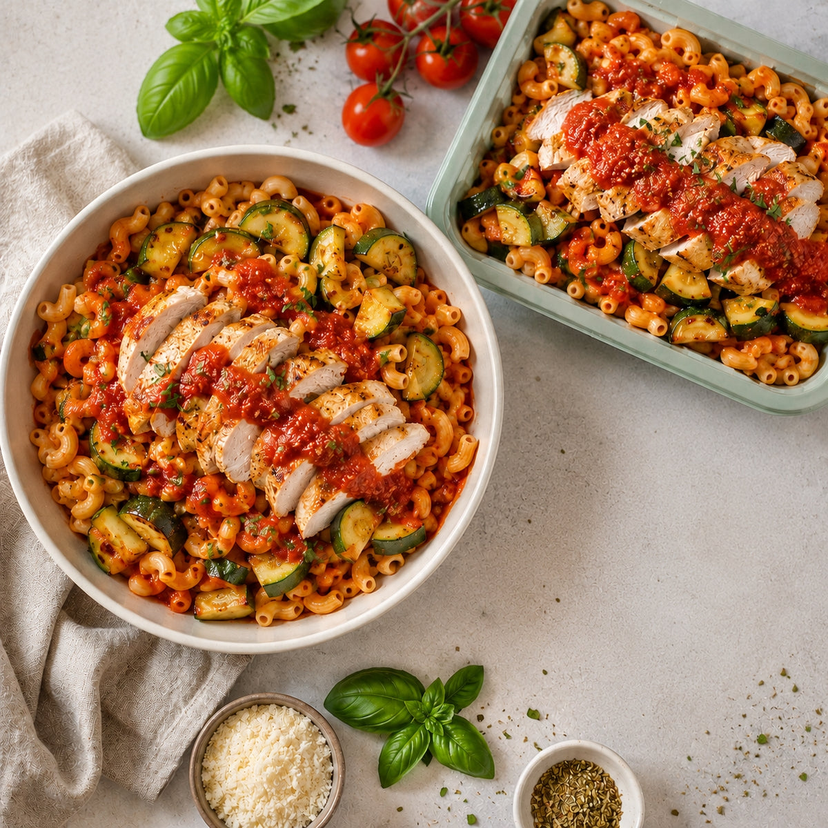 Filet de poulet, courgettes sauce tomate, macaroni