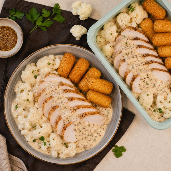 Rôti de dinde sauce moutarde, chou - fleur à la crème et croquettes