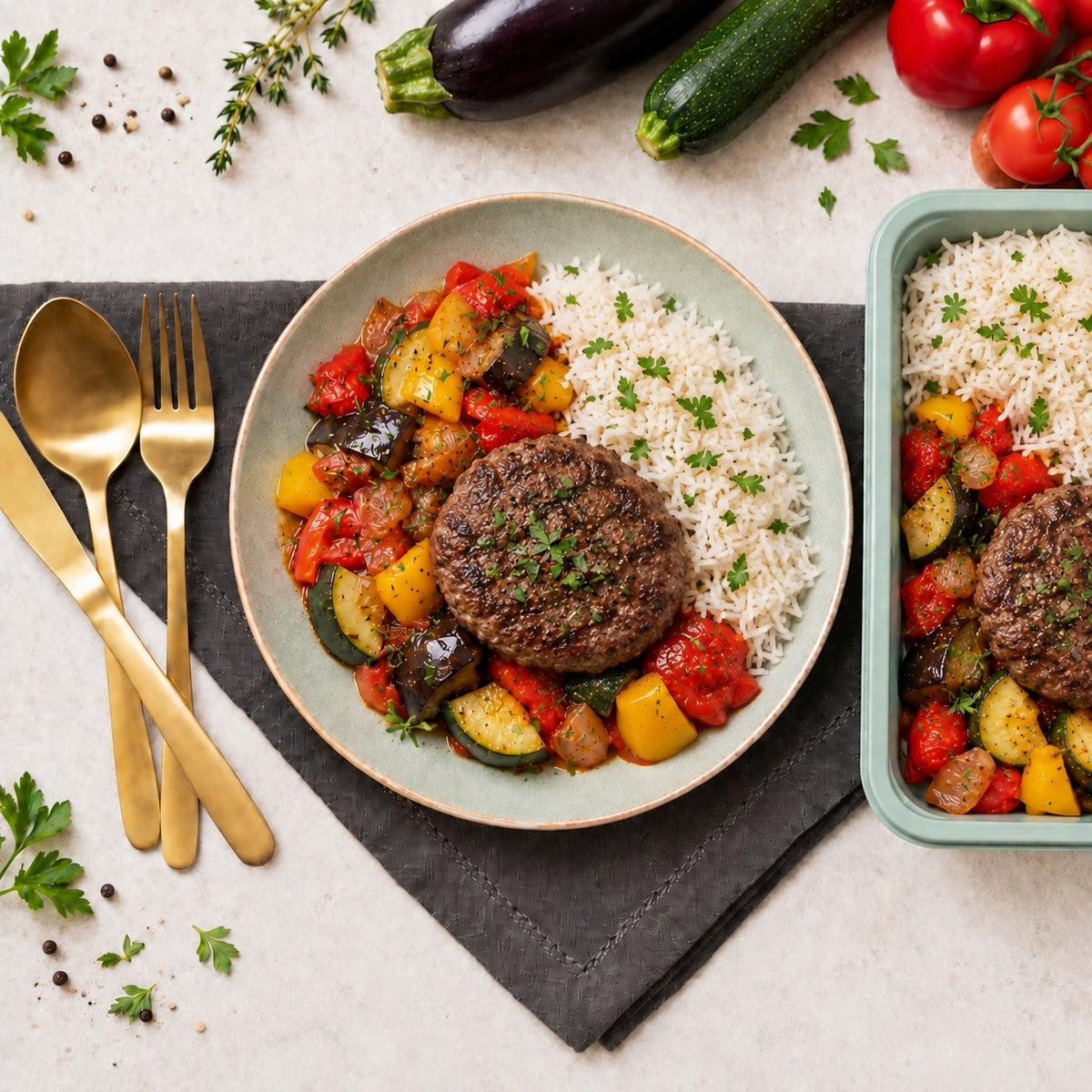 Burger de boeuf, ratatouille et riz