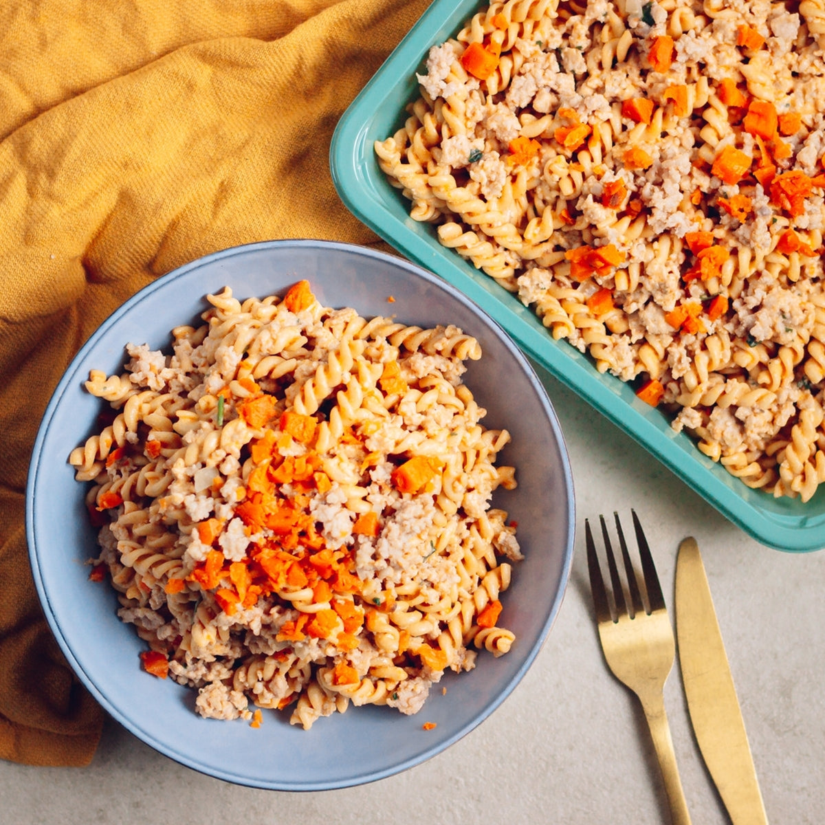 Spirelli complets crème de courge et haché de poulet