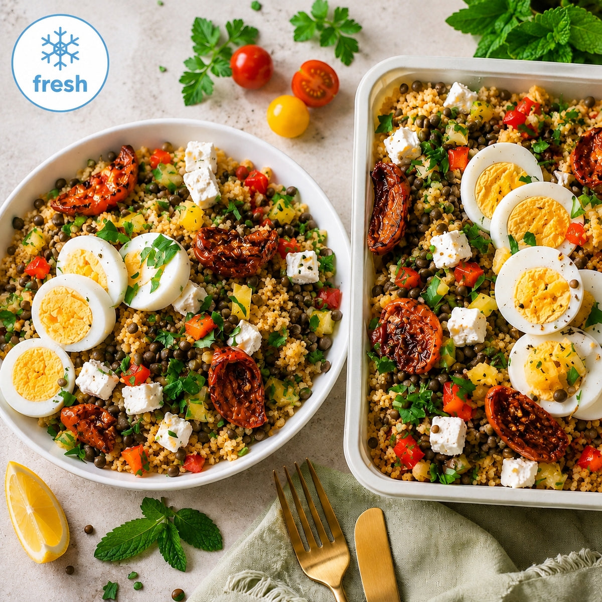 Taboulé, fêta, lentilles et oeuf