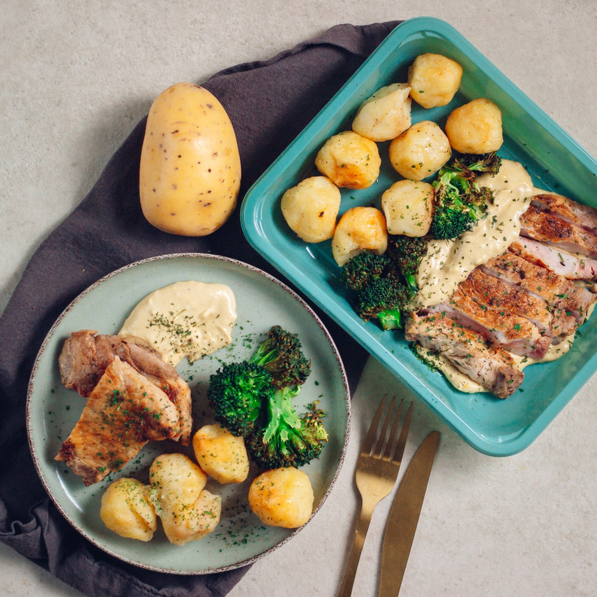 Filet de porc au miel et moutarde, pommes de terre vapeur, brocolis
