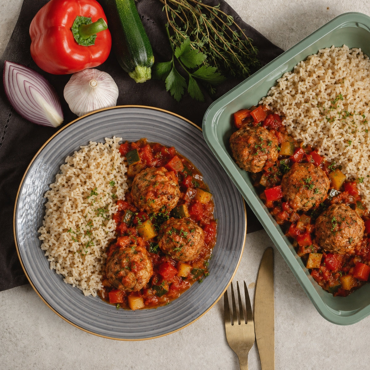 Boulettes de boeuf, sauce provençale et riz complet